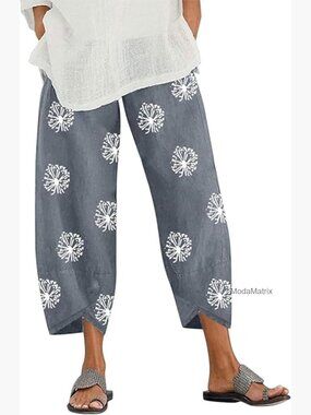 Linen Capri Pants Cropped Elastic Waist Baggy Palazzo Trousers with Pockets